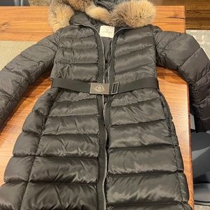 Black Moncler coat with fur trim hood